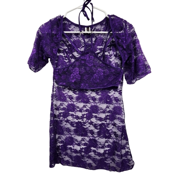 G World Intimates Purple Festival Rave Y2K Lace Sheer Caged Bra Top One Size - Picture 1 of 9